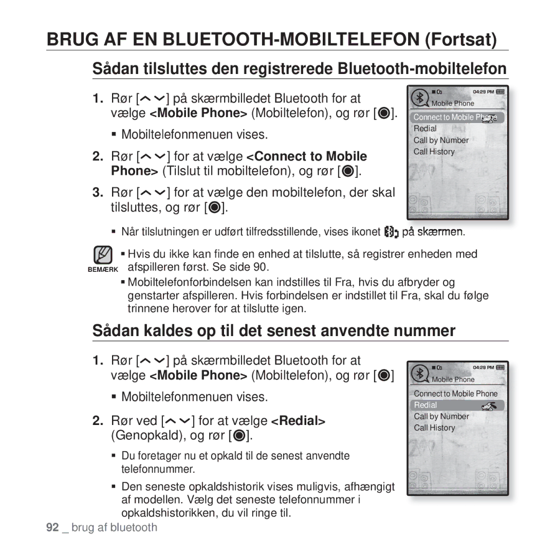 Samsung YP-T10JQW/XEE, YP-T10JAU/XEE Sådan tilsluttes den registrerede Bluetooth-mobiltelefon, ƒ Mobiltelefonmenuen vises 