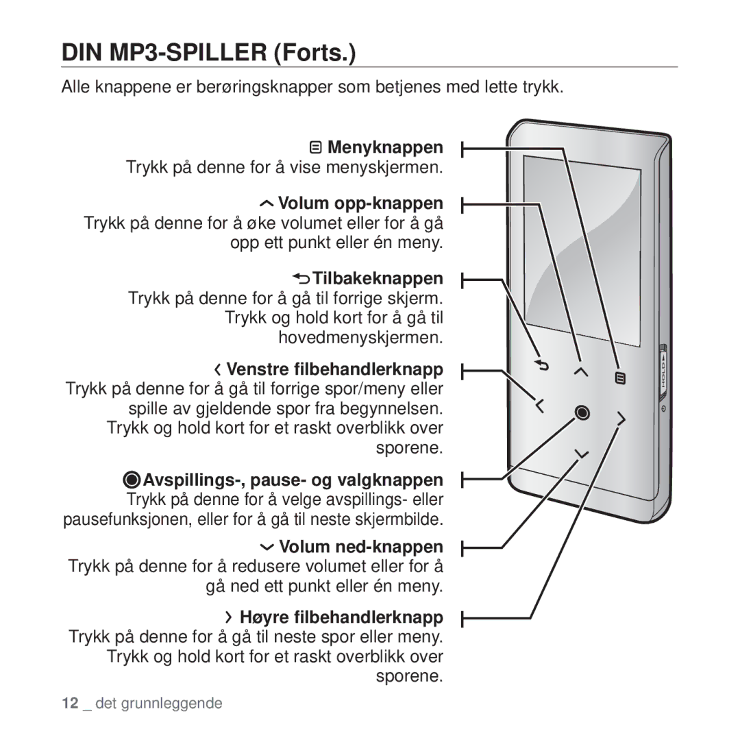 Samsung YP-T10JCB/XEE, YP-T10JAU/XEE DIN MP3-SPILLER Forts, Menyknappen, Trykk og hold kort for å gå til hovedmenyskjermen 