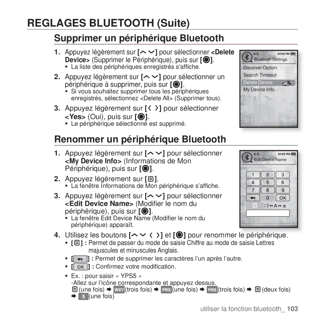 Samsung YP-T10JQB/XEF Reglages Bluetooth Suite, Supprimer un périphérique Bluetooth, Renommer un périphérique Bluetooth 