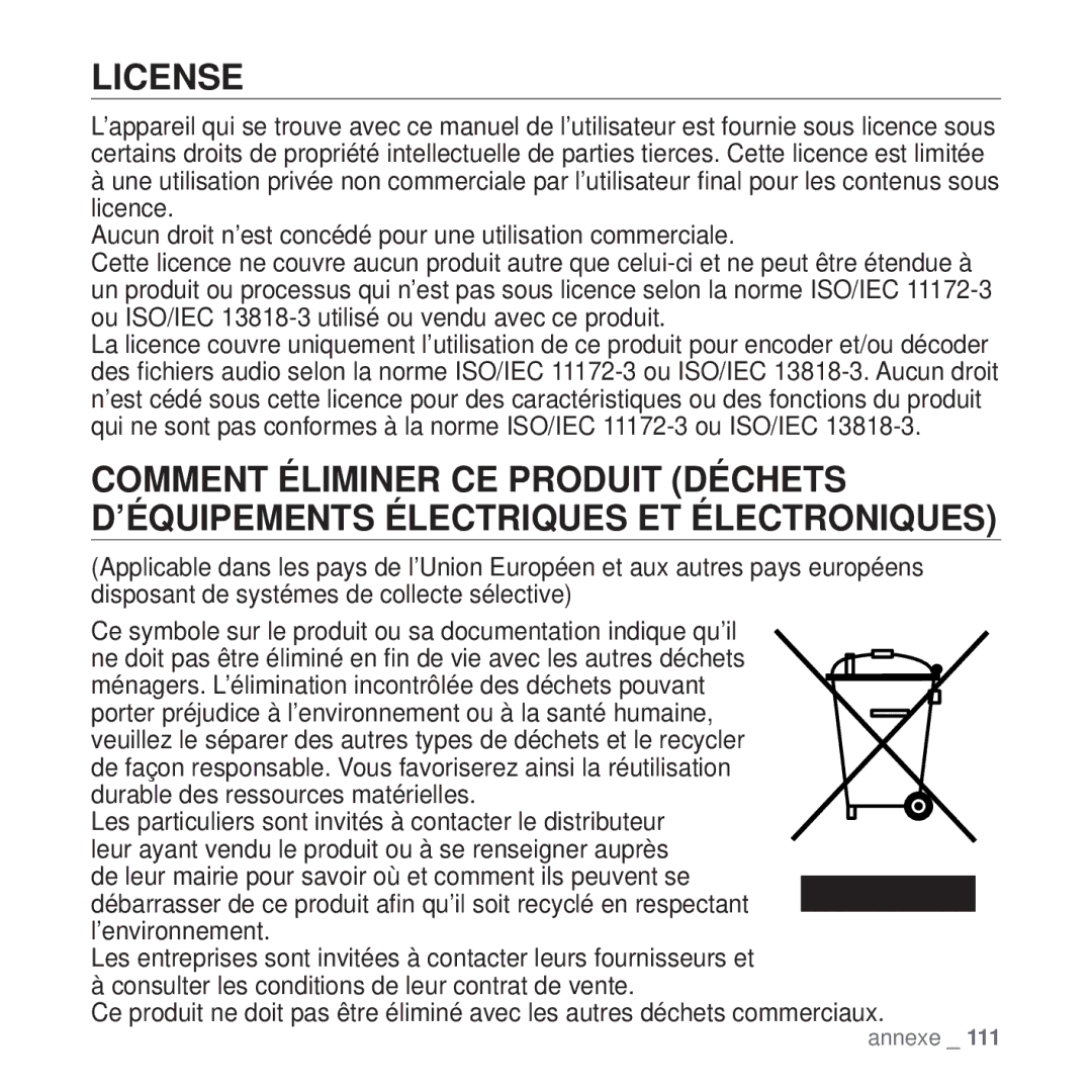 Samsung YP-T10JABH/XEF, YP-T10JCW/XEF, YP-T10JQB/XEF, YP-T10JQBH/XEF, YP-T10JAB/XEF, YP-T10JCB/XEF manual License 