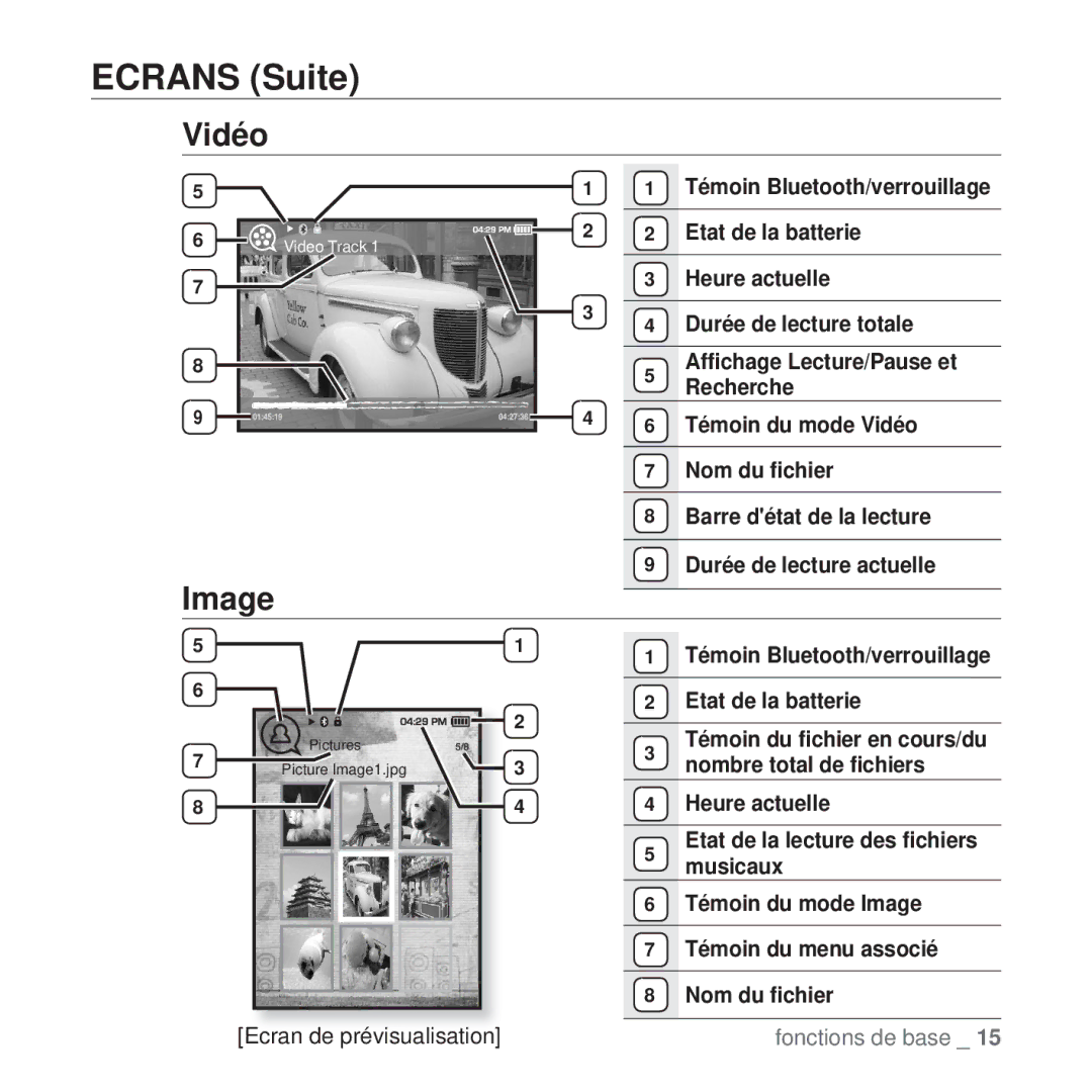 Samsung YP-T10JABH/XEF, YP-T10JCW/XEF, YP-T10JQB/XEF, YP-T10JQBH/XEF, YP-T10JAB/XEF, YP-T10JCB/XEF Ecrans Suite, Vidéo, Image 