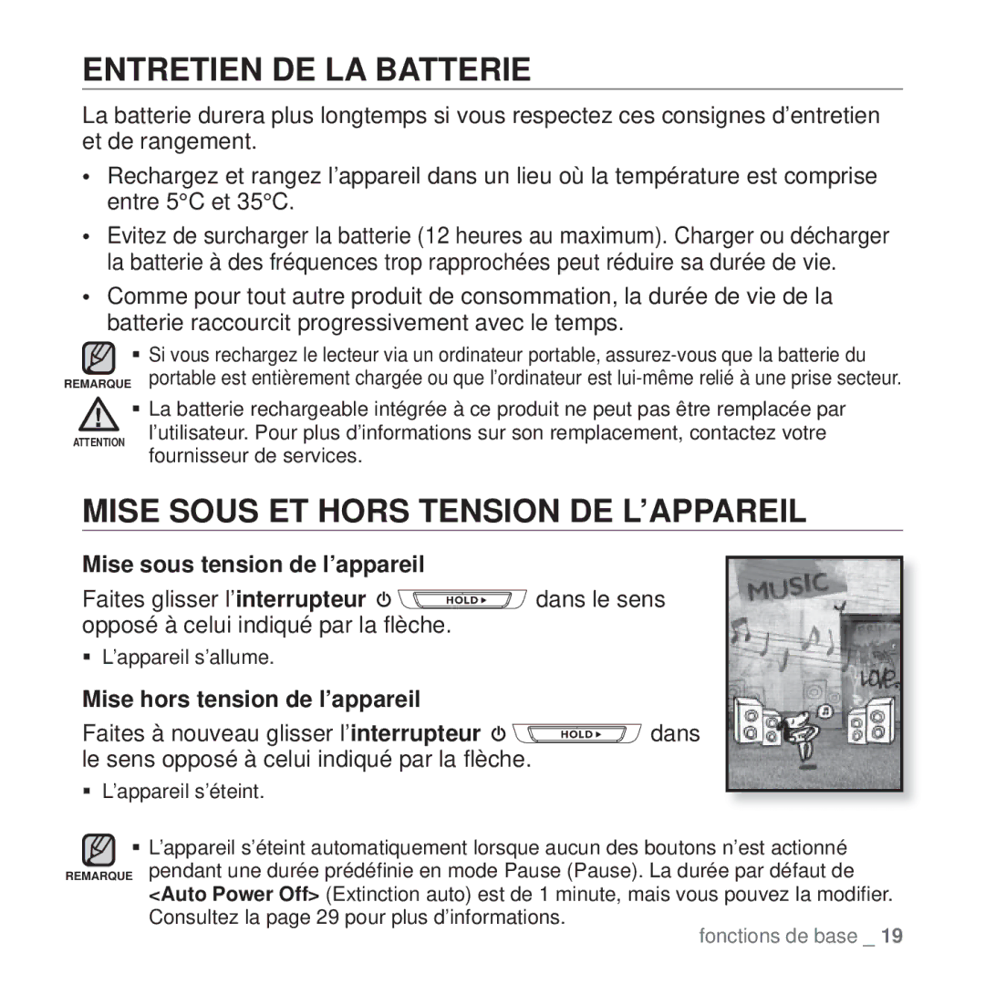 Samsung YP-T10JQB/XEF Entretien DE LA Batterie, Mise Sous ET Hors Tension DE L’APPAREIL, Mise sous tension de l’appareil 