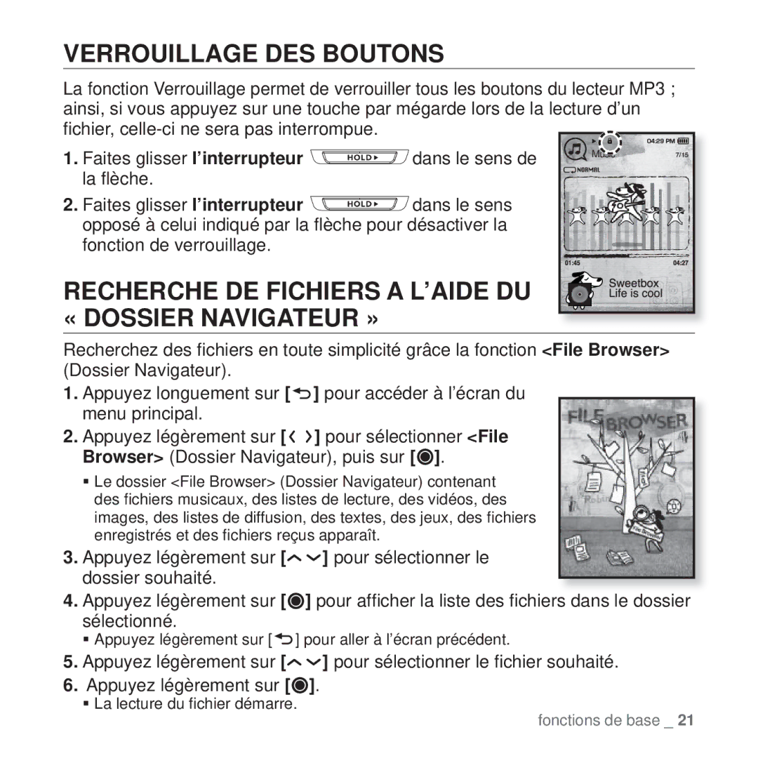 Samsung YP-T10JABH/XEF Verrouillage DES Boutons, Recherche DE Fichiers a L’AIDE DU « Dossier Navigateur », Dans le sens de 