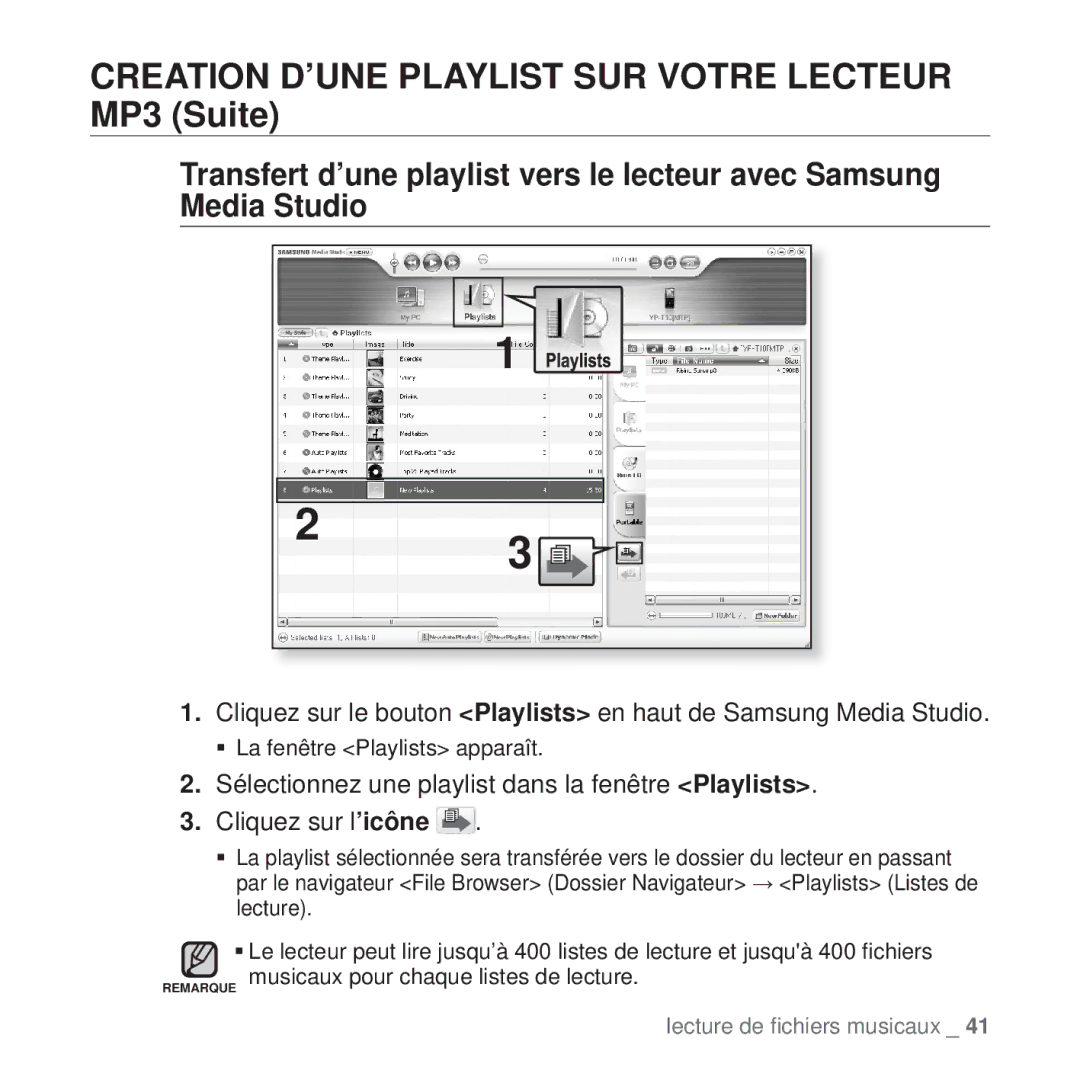 Samsung YP-T10JCB/XEF, YP-T10JCW/XEF, YP-T10JQB/XEF, YP-T10JQBH/XEF manual Creation D’UNE Playlist SUR Votre Lecteur MP3 Suite 