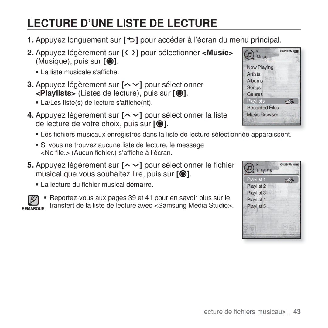 Samsung YP-T10JQB/XEF, YP-T10JCW/XEF, YP-T10JQBH/XEF, YP-T10JABH/XEF, YP-T10JAB/XEF manual Lecture D’UNE Liste DE Lecture 