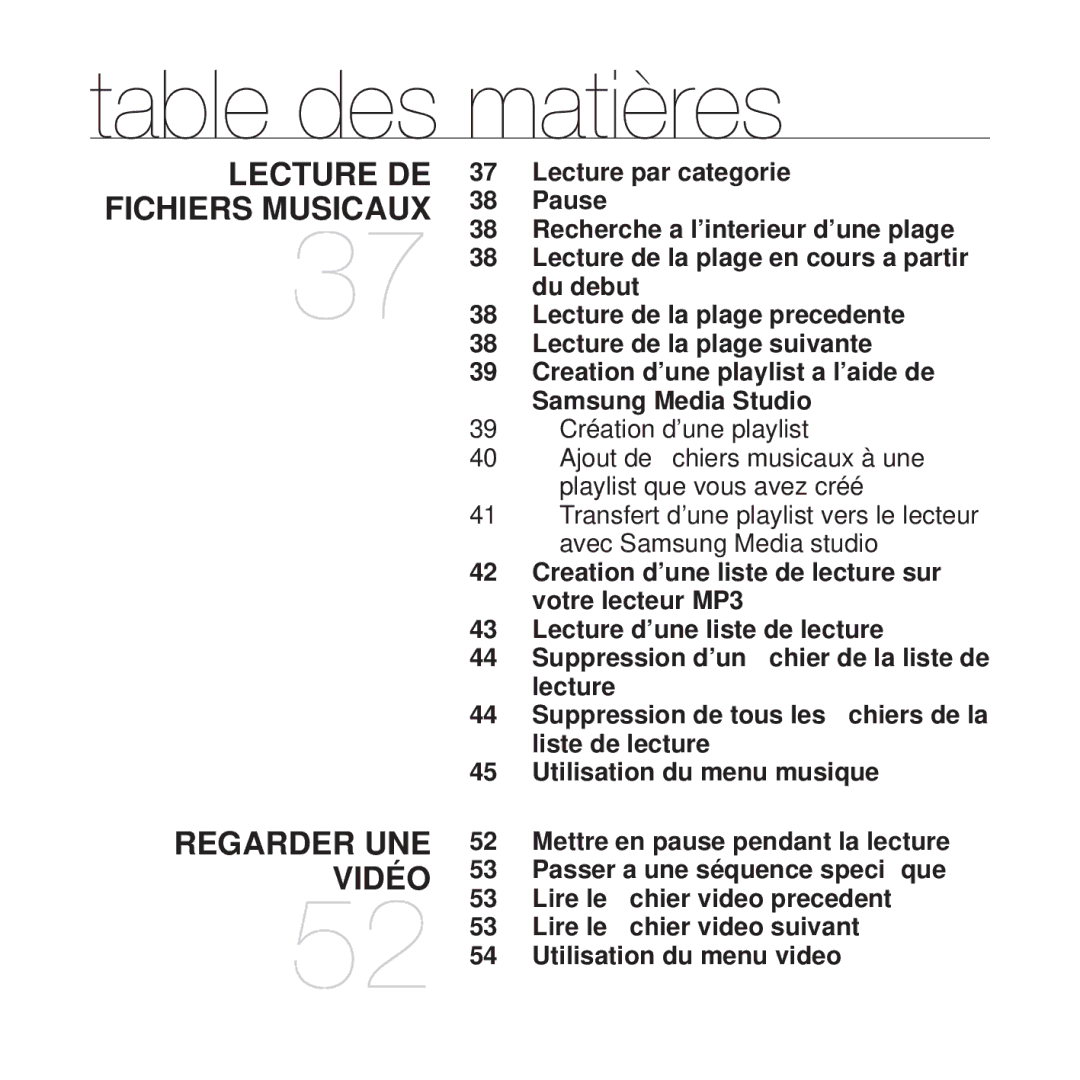 Samsung YP-T10JQB/XEF, YP-T10JCW/XEF, YP-T10JQBH/XEF Table des matières, Lecture DE Fichiers Musicaux Regarder UNE Vidéo 