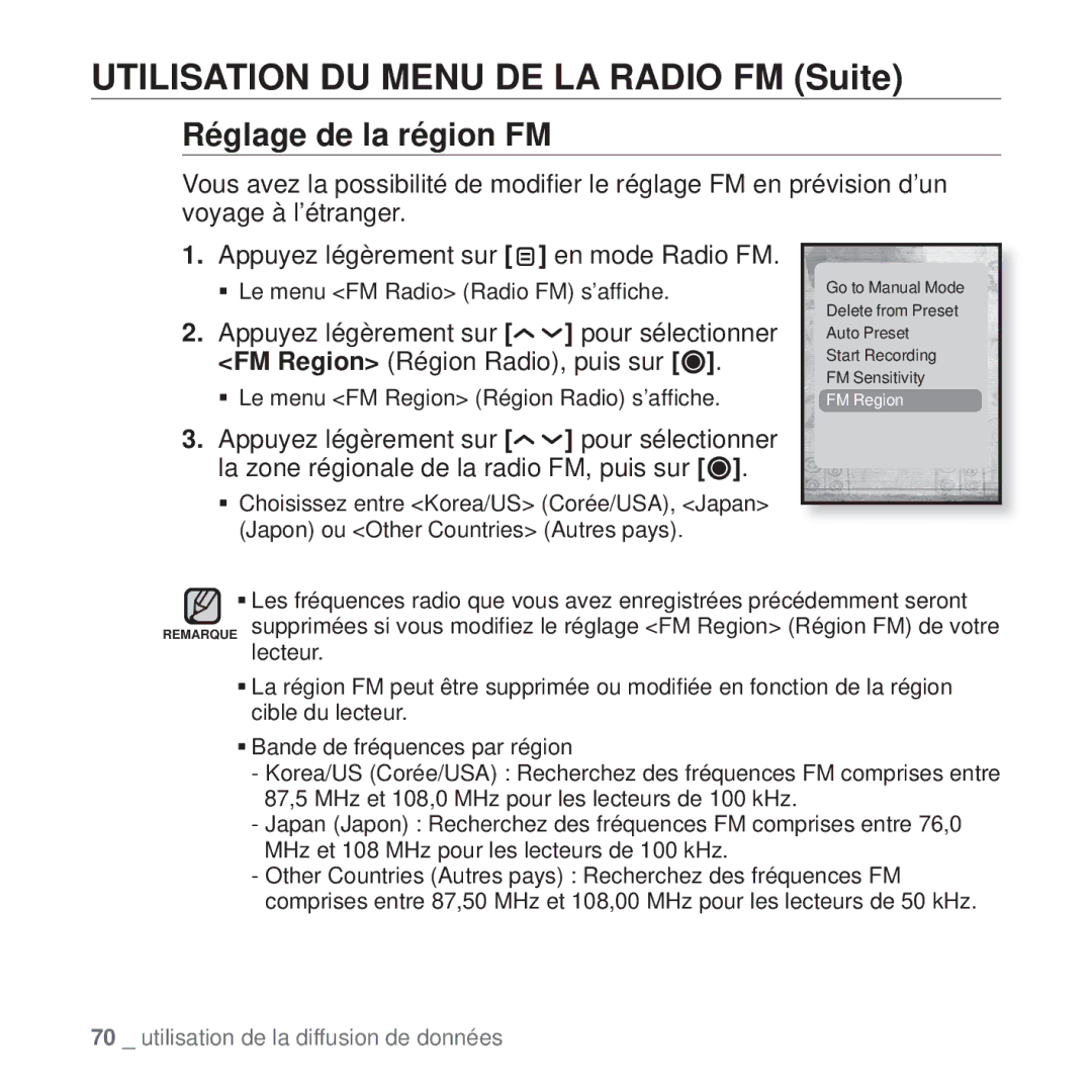 Samsung YP-T10JAB/XEF, YP-T10JCW/XEF, YP-T10JQB/XEF, YP-T10JQBH/XEF, YP-T10JABH/XEF, YP-T10JCB/XEF Réglage de la région FM 