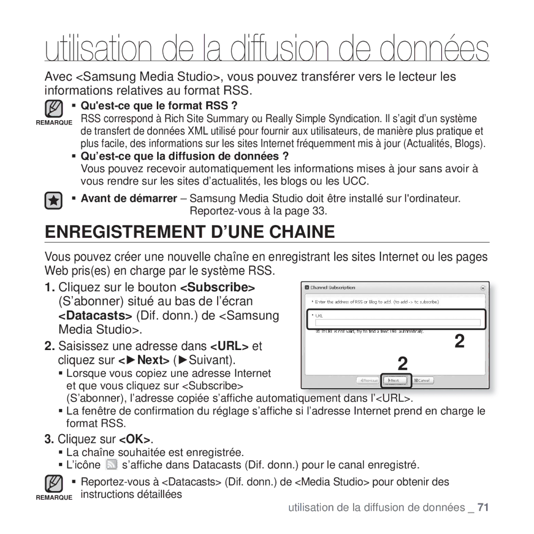 Samsung YP-T10JCB/XEF, YP-T10JCW/XEF, YP-T10JQB/XEF, YP-T10JQBH/XEF manual Enregistrement D’UNE Chaine, Cliquez sur OK 