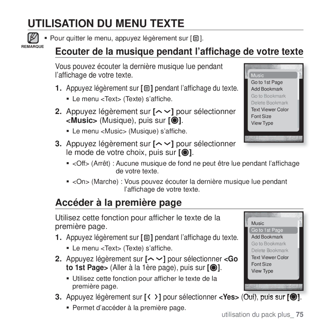 Samsung YP-T10JABH/XEF, YP-T10JCW/XEF Utilisation DU Menu Texte, Ecouter de la musique pendant l’afﬁchage de votre texte 