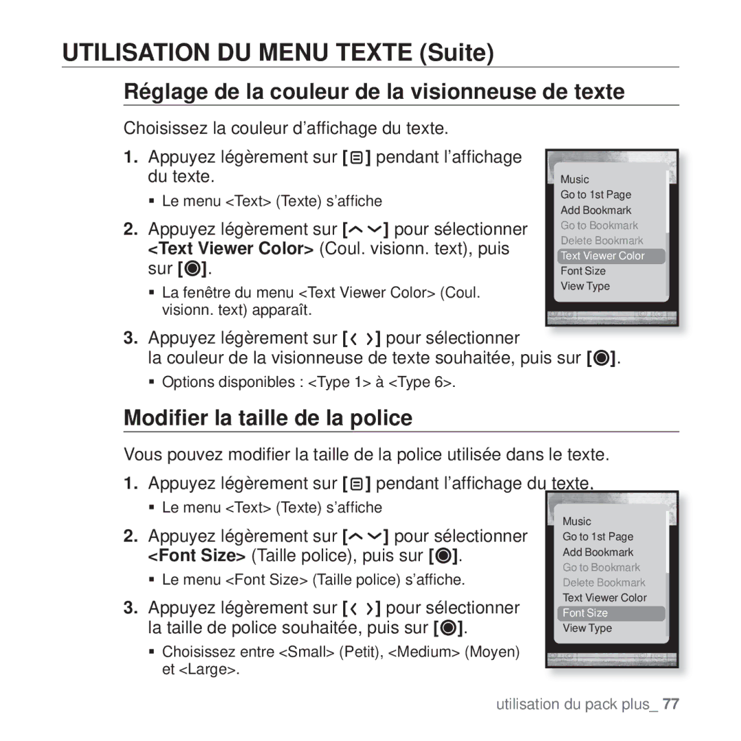 Samsung YP-T10JCB/XEF, YP-T10JCW/XEF manual Réglage de la couleur de la visionneuse de texte, Modiﬁer la taille de la police 