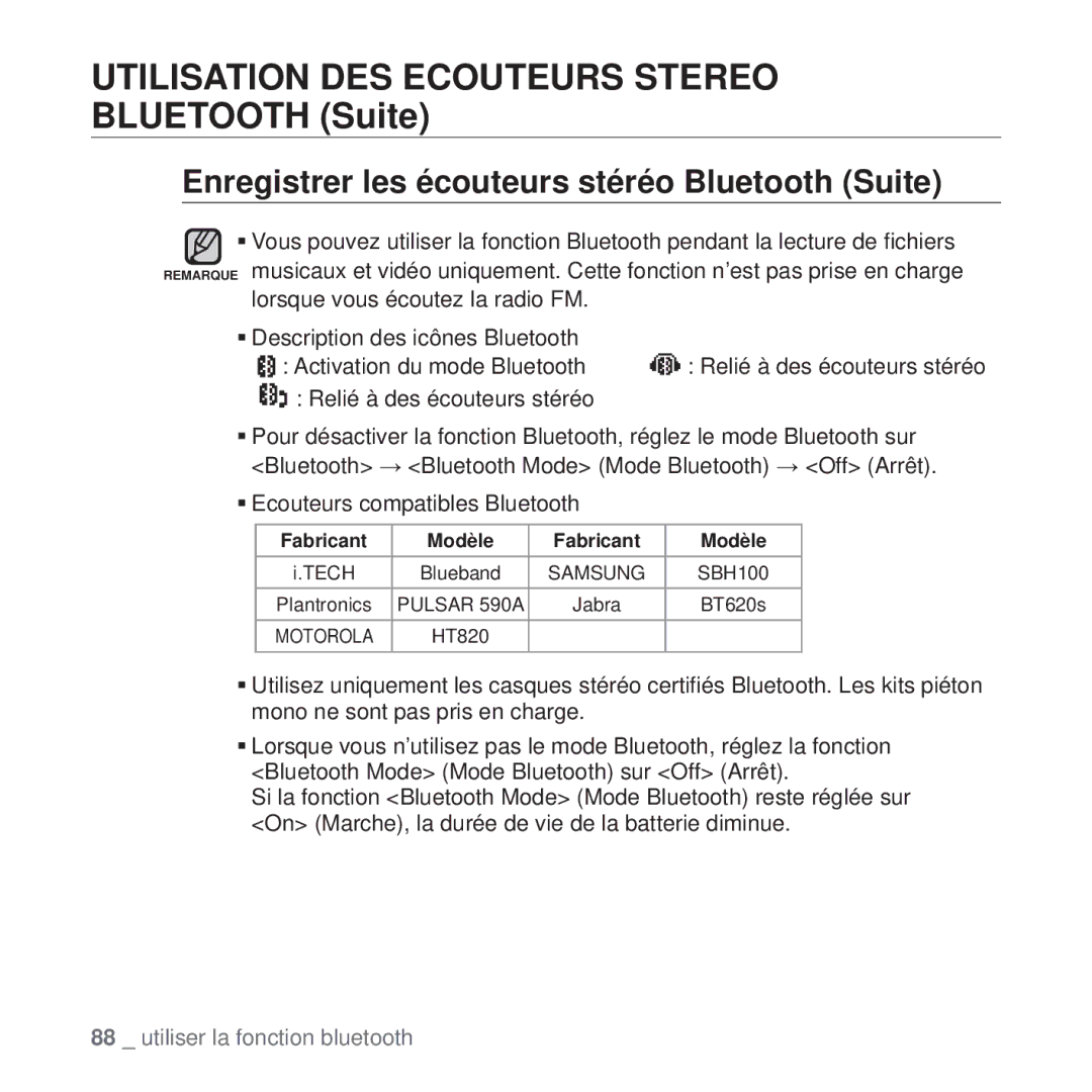 Samsung YP-T10JAB/XEF Utilisation DES Ecouteurs Stereo Bluetooth Suite, Enregistrer les écouteurs stéréo Bluetooth Suite 