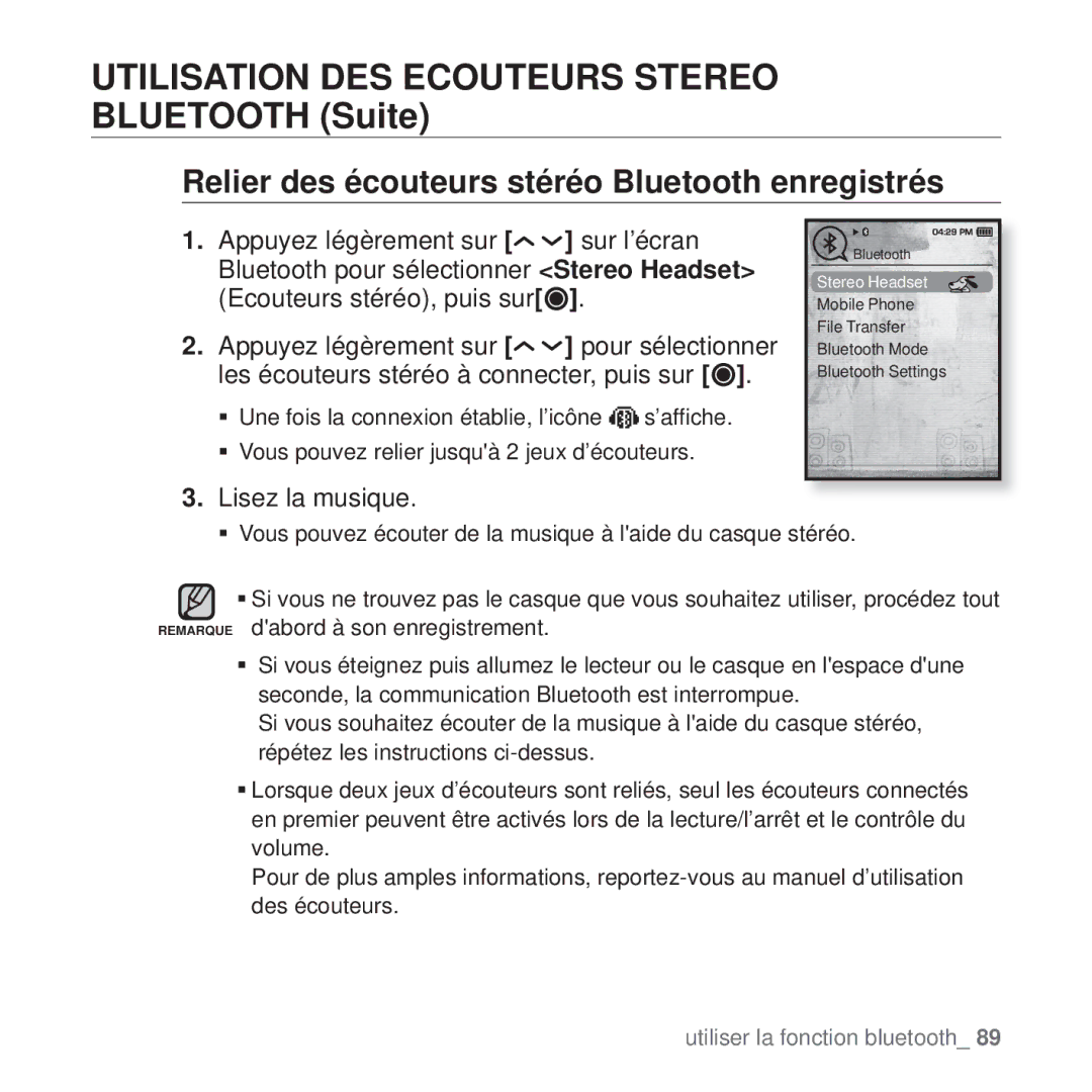 Samsung YP-T10JCB/XEF, YP-T10JCW/XEF, YP-T10JQB/XEF Relier des écouteurs stéréo Bluetooth enregistrés, Lisez la musique 