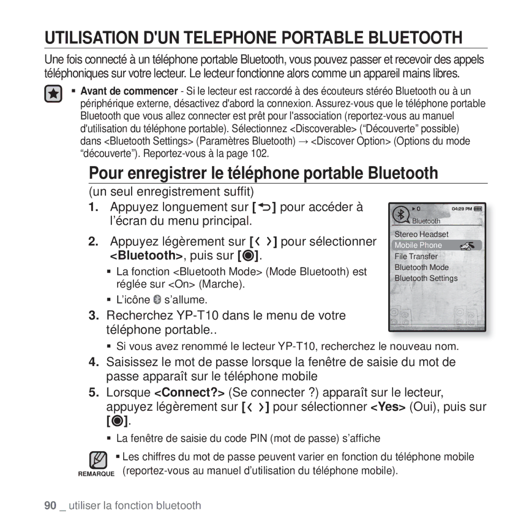 Samsung YP-T10JCW/XEF, YP-T10JQB/XEF, YP-T10JQBH/XEF, YP-T10JABH/XEF manual Pour enregistrer le téléphone portable Bluetooth 