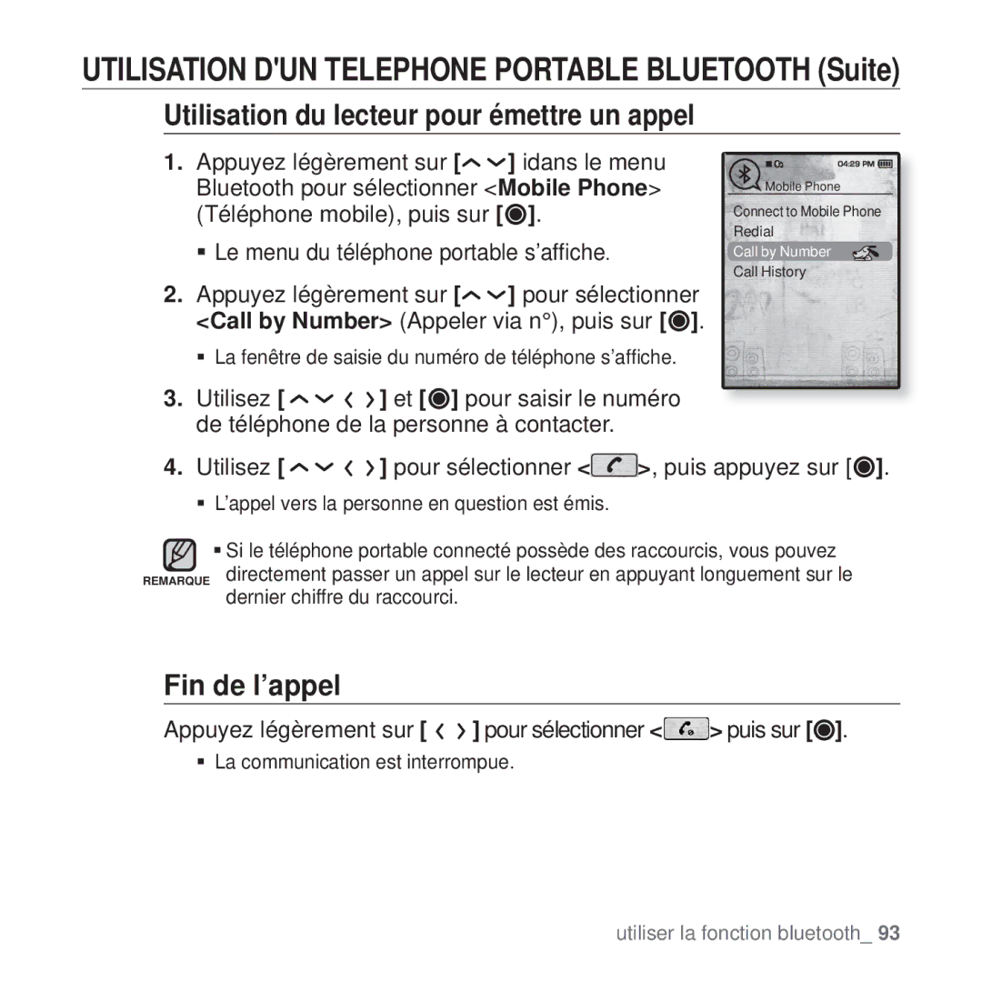 Samsung YP-T10JABH/XEF, YP-T10JCW/XEF, YP-T10JQB/XEF manual Fin de l’appel, Utilisez pour sélectionner , puis appuyez sur 