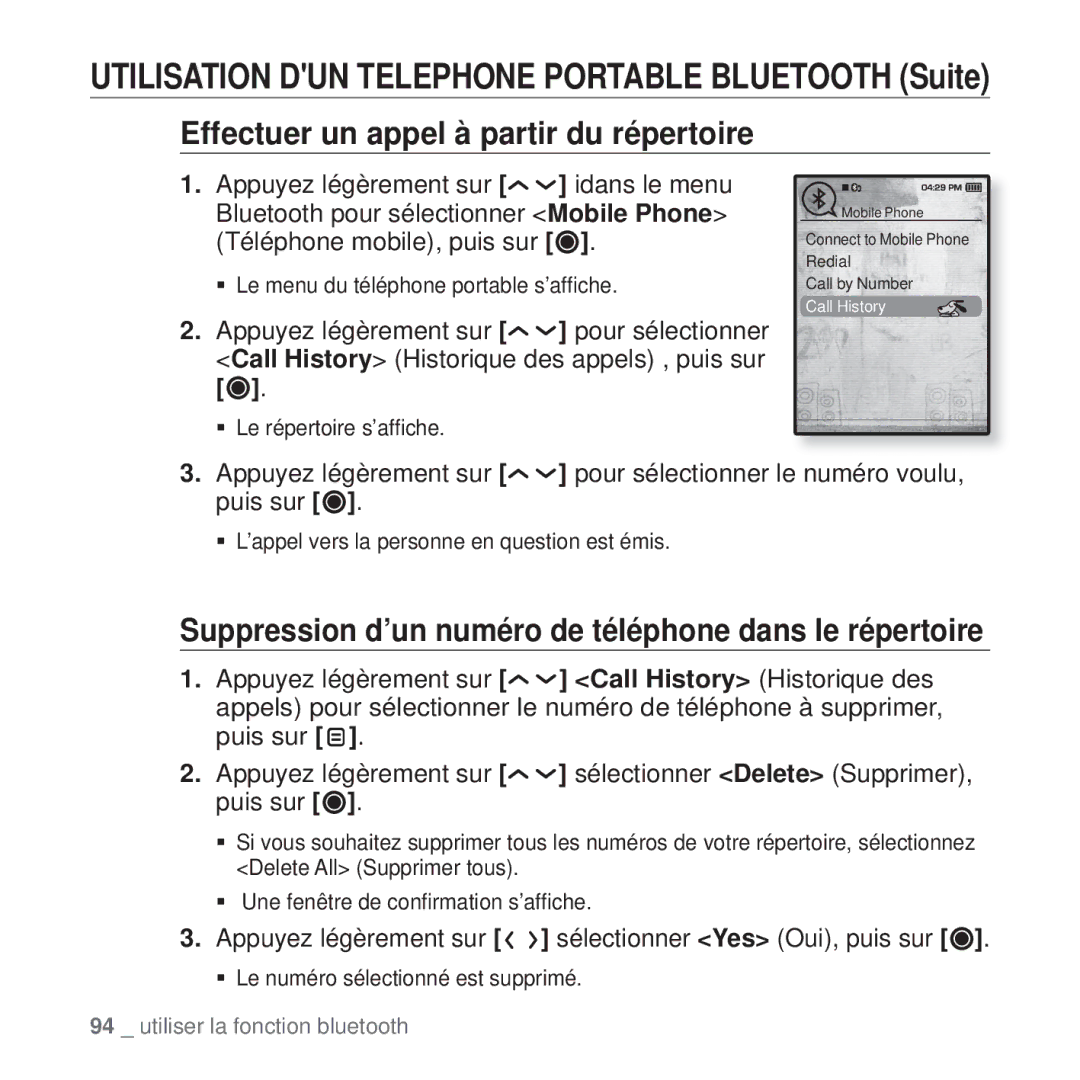 Samsung YP-T10JAB/XEF, YP-T10JCW/XEF, YP-T10JQB/XEF, YP-T10JQBH/XEF Suppression d’un numéro de téléphone dans le répertoire 