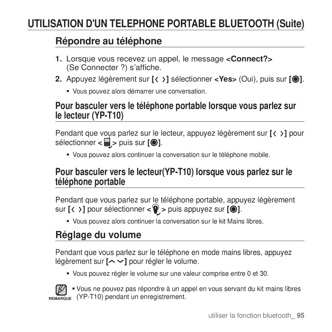 Samsung YP-T10JCB/XEF, YP-T10JCW/XEF, YP-T10JQB/XEF, YP-T10JQBH/XEF, YP-T10JABH/XEF, YP-T10JAB/XEF manual Réglage du volume 