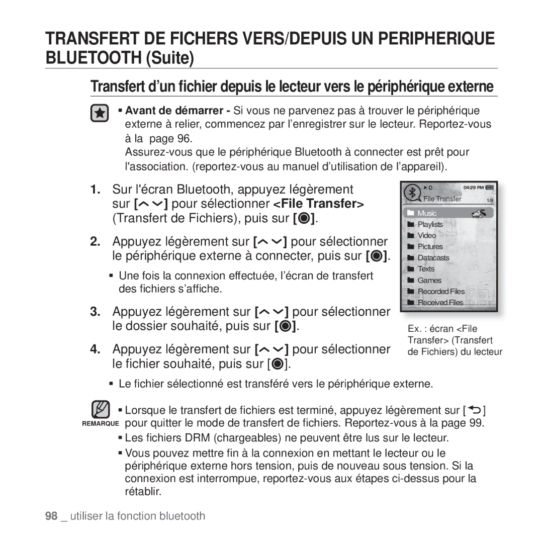 Samsung YP-T10JQBH/XEF, YP-T10JCW/XEF, YP-T10JQB/XEF, YP-T10JAB/XEF Ex. écran File Transfer Transfert de Fichiers du lecteur 