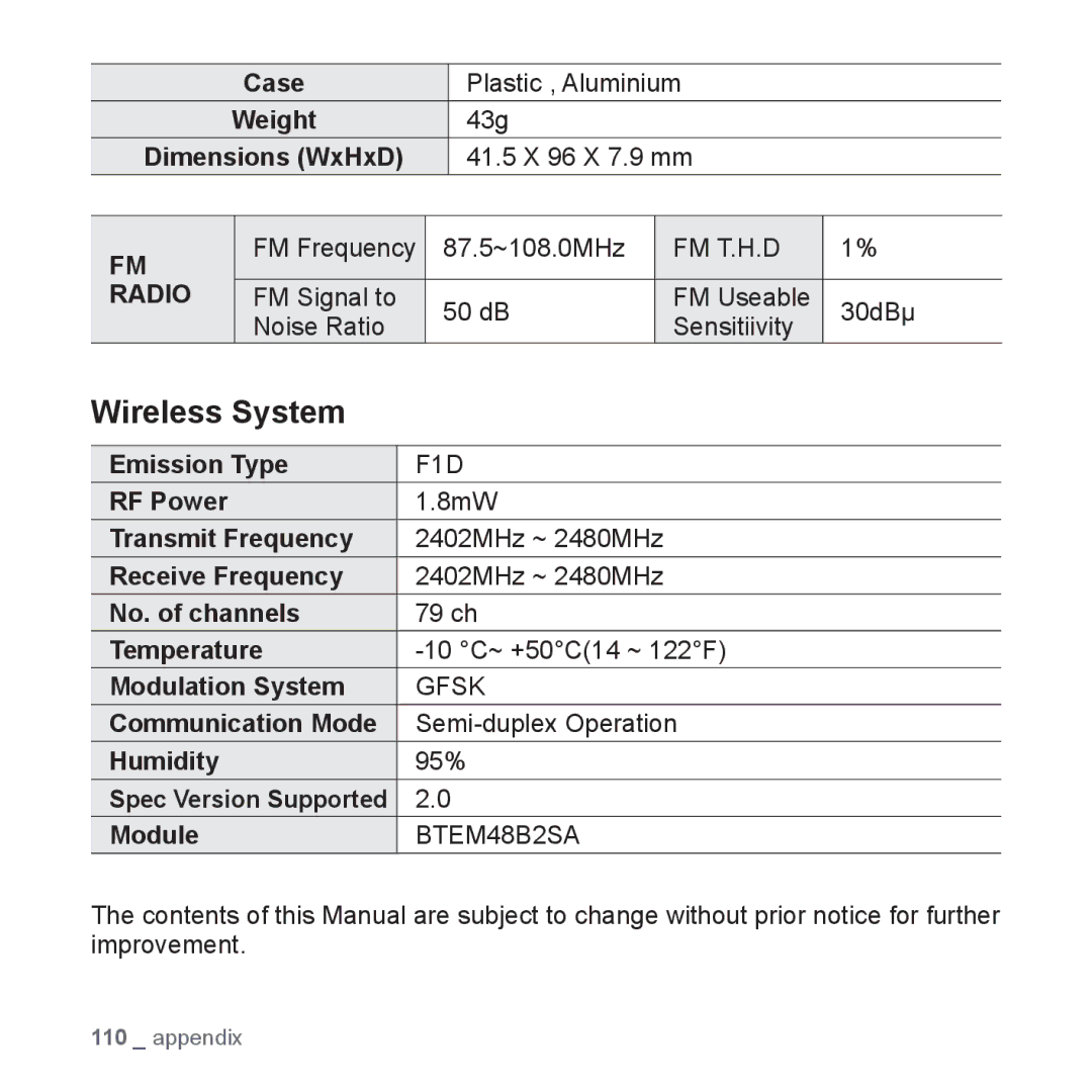 Samsung YP-T10JAW/XEE, YP-T10JCW/XEF, YP-T10JQB/XEF, YP-T10JQBH/XEF, YP-T10JABH/XEF, YP-T10JAB/XEF manual Wireless System 