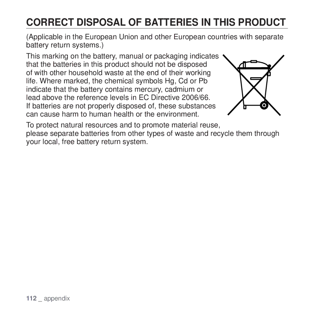 Samsung YP-T10JCB/XEE, YP-T10JCW/XEF, YP-T10JQB/XEF, YP-T10JQBH/XEF manual Correct Disposal of Batteries in this Product 