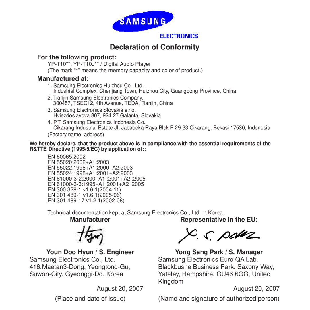 Samsung YP-T10JAR/XEE, YP-T10JCW/XEF, YP-T10JQB/XEF, YP-T10JQBH/XEF Declaration of Conformity, For the following product 