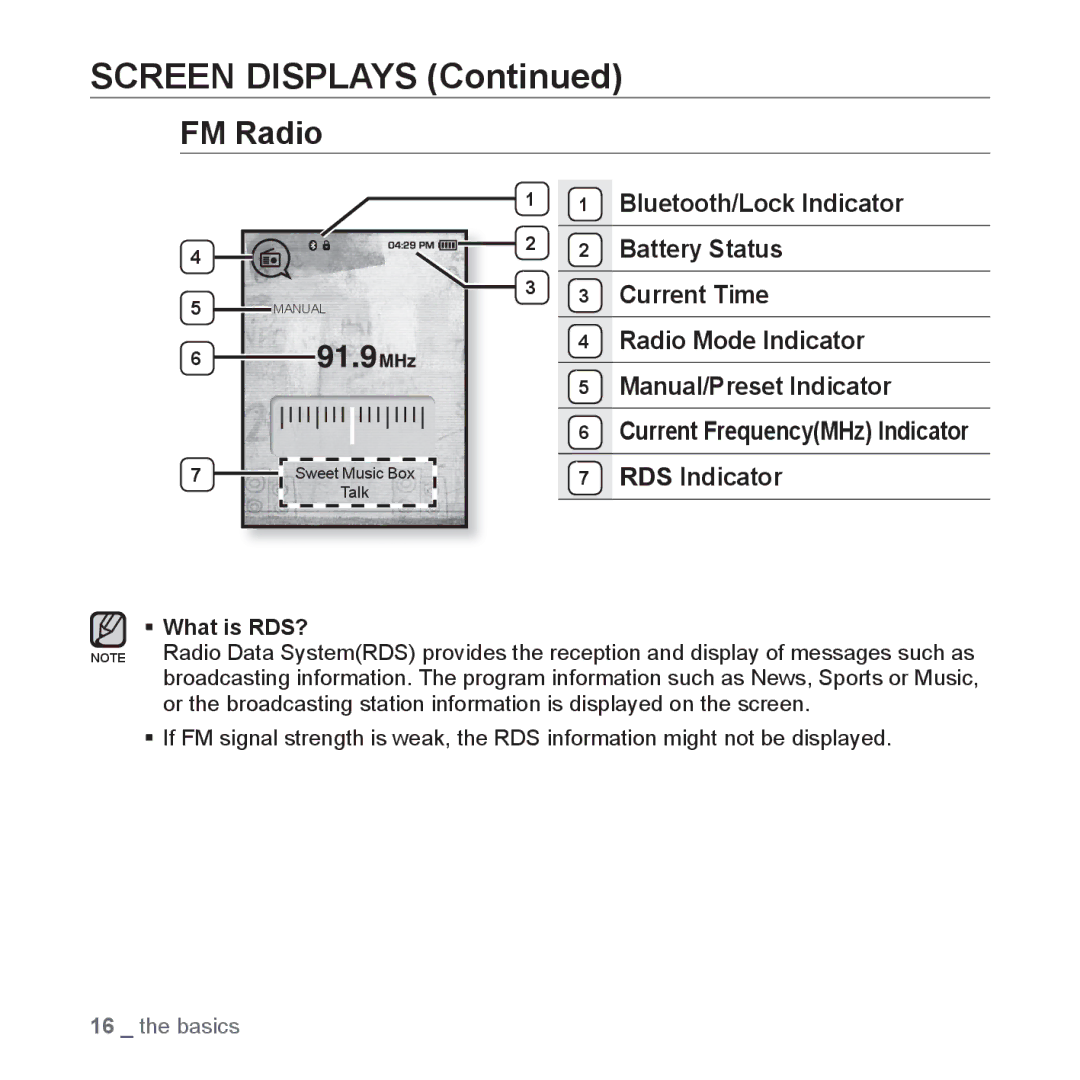 Samsung YP-T10JABH/XET, YP-T10JCW/XEF, YP-T10JQB/XEF FM Radio, Radio Mode Indicator, Manual/Preset Indicator, RDS Indicator 