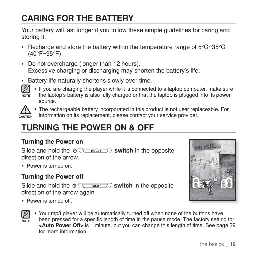 Samsung YP-T10JAG/XEO, YP-T10JCW/XEF manual Caring for the Battery, Turning the Power on & OFF, Turning the Power off 