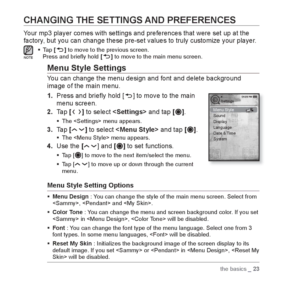 Samsung YP-T10JAW/XEO manual Changing the Settings and Preferences, Menu Style Settings, Tap to select Menu Style and tap 