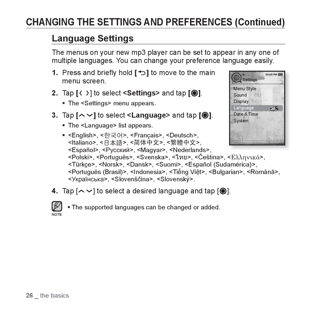 Samsung YP-T10JQG/XEO, YP-T10JCW/XEF, YP-T10JQB/XEF manual Language Settings, Tap to select a desired language and tap 