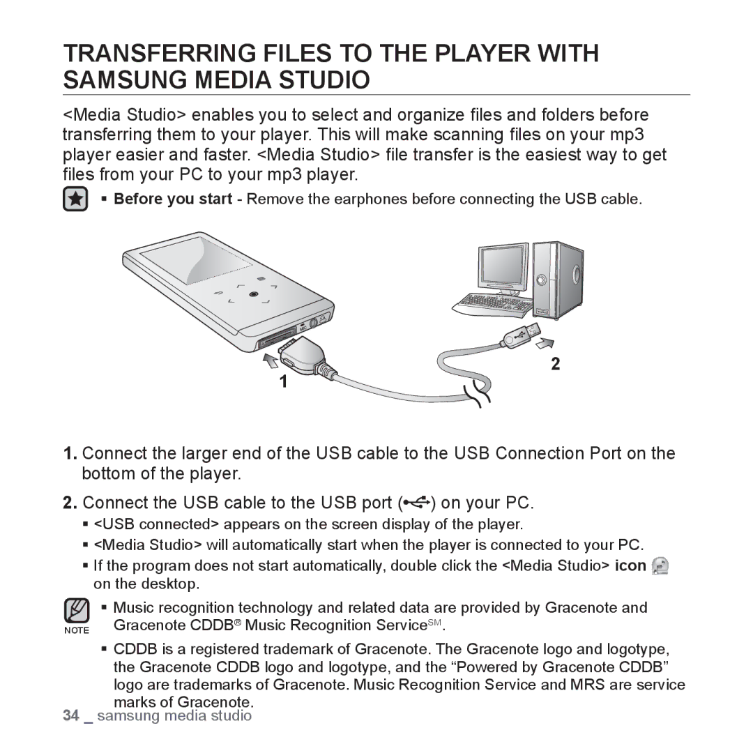 Samsung YP-T10JAG/XEE, YP-T10JCW/XEF, YP-T10JQB/XEF manual Transferring Files to the Player with Samsung Media Studio 