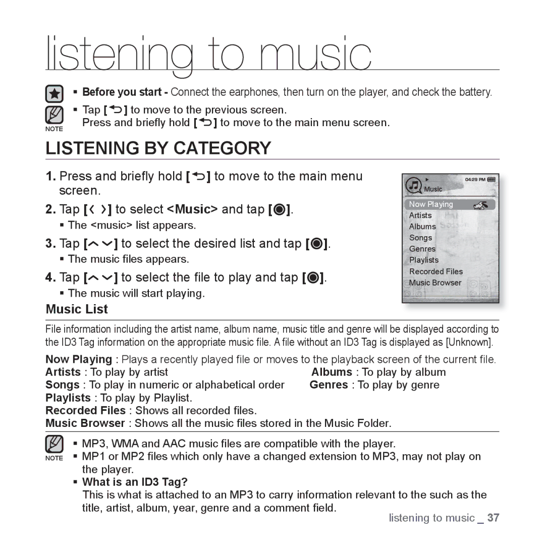 Samsung YP-T10JAB/XEE manual Listening to music, Listening by Category, Tap to select the desired list and tap, Music List 