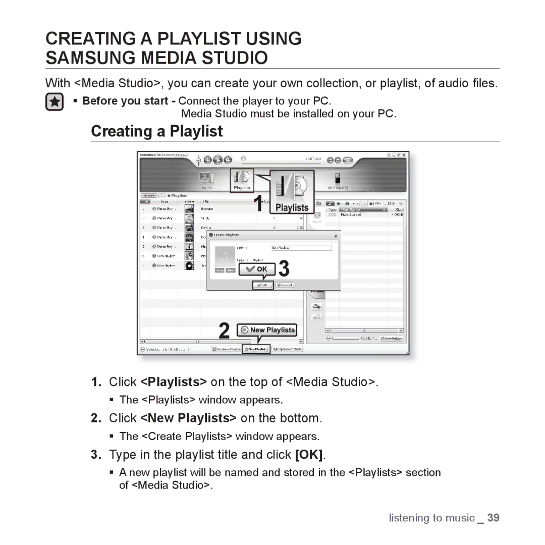 Samsung YP-T10JAU/XET manual Creating a Playlist Using Samsung Media Studio, Click Playlists on the top of Media Studio 