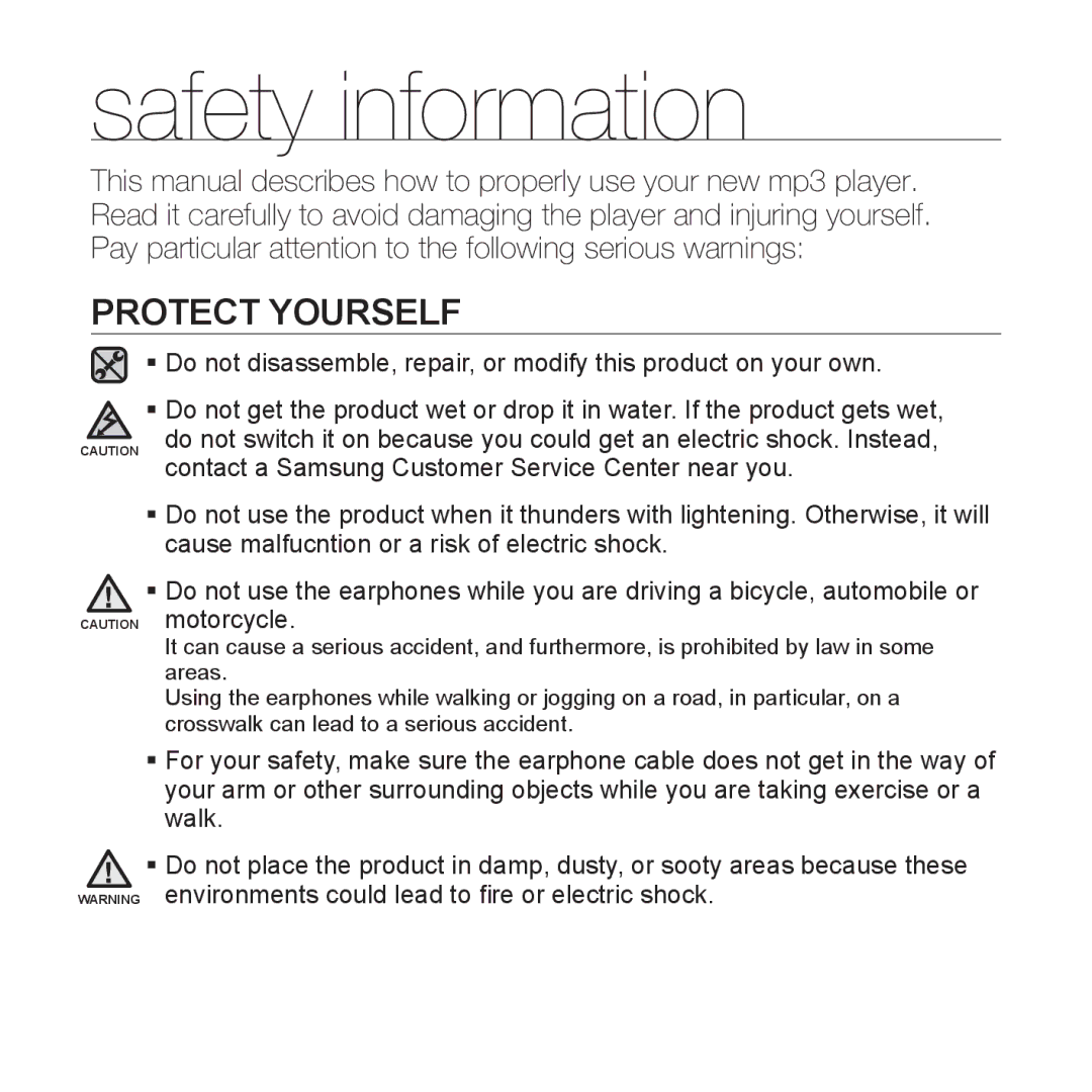 Samsung YP-T10JAB/XEF, YP-T10JCW/XEF, YP-T10JQB/XEF, YP-T10JQBH/XEF, YP-T10JABH/XEF, YP-T10JCB/XEF manual Protect Yourself 