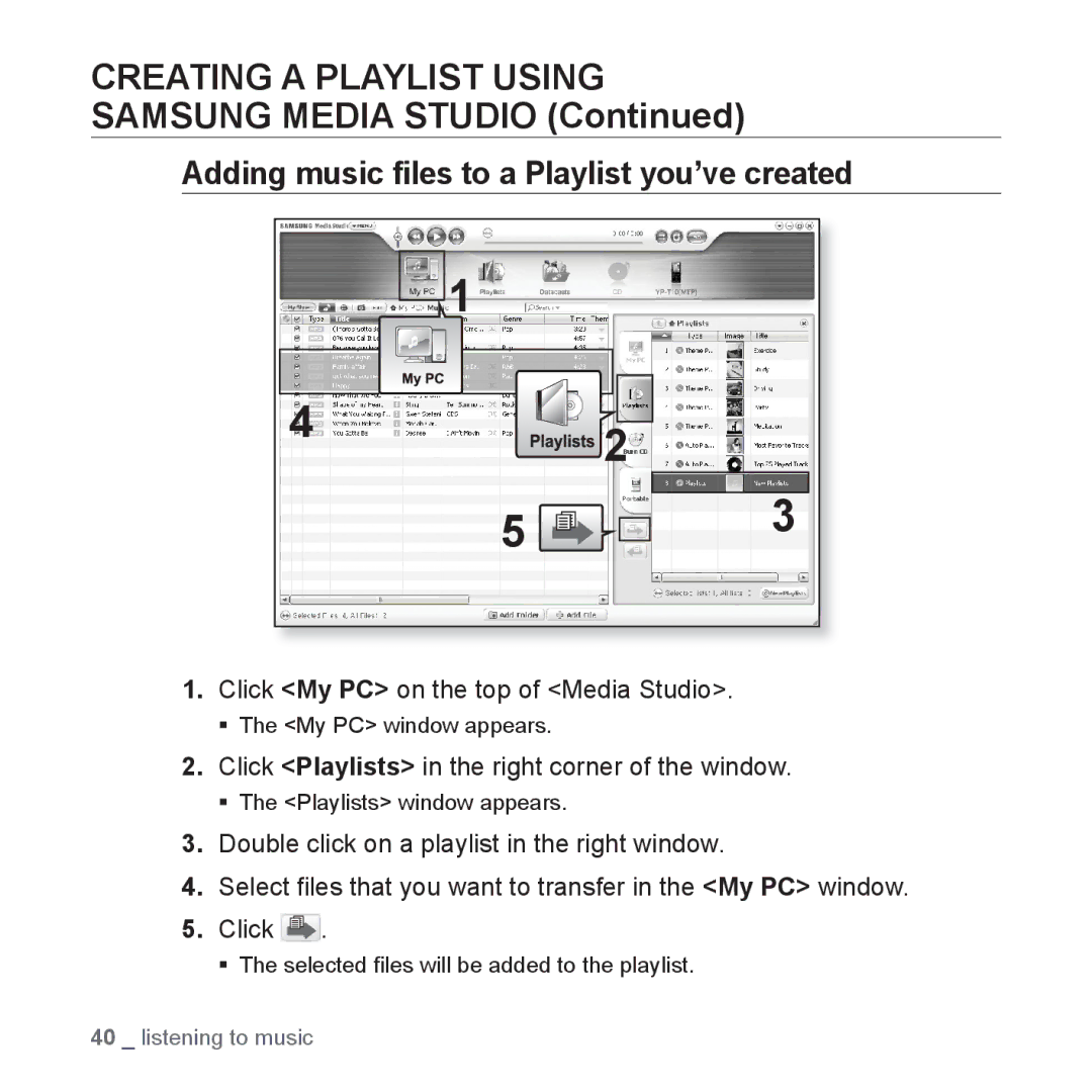 Samsung YP-T10JCW/XEF manual Adding music ﬁles to a Playlist you’ve created, Click My PC on the top of Media Studio 