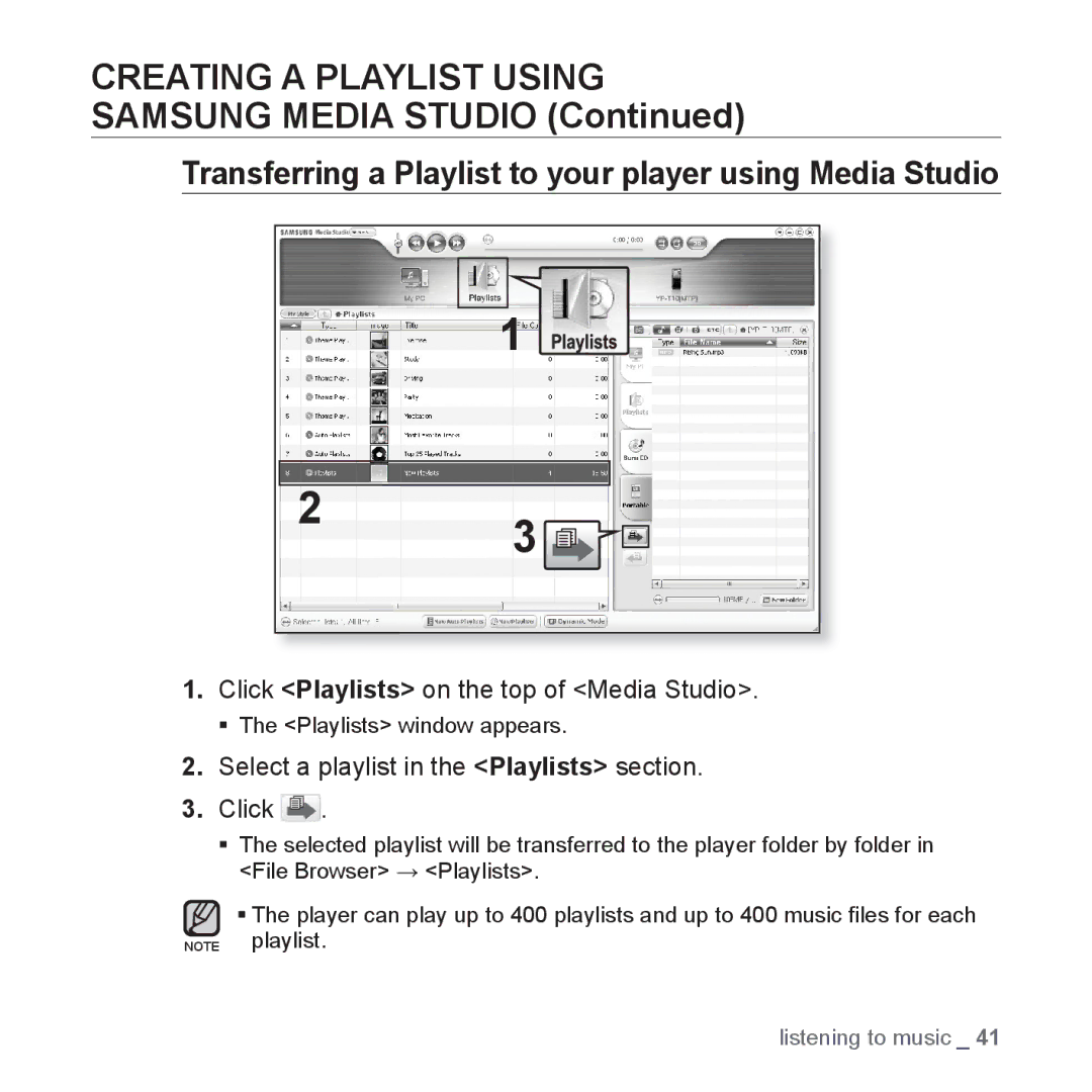 Samsung YP-T10JQB/XEF Creating a Playlist Using, Samsung Media Studio, Select a playlist in the Playlists section Click 