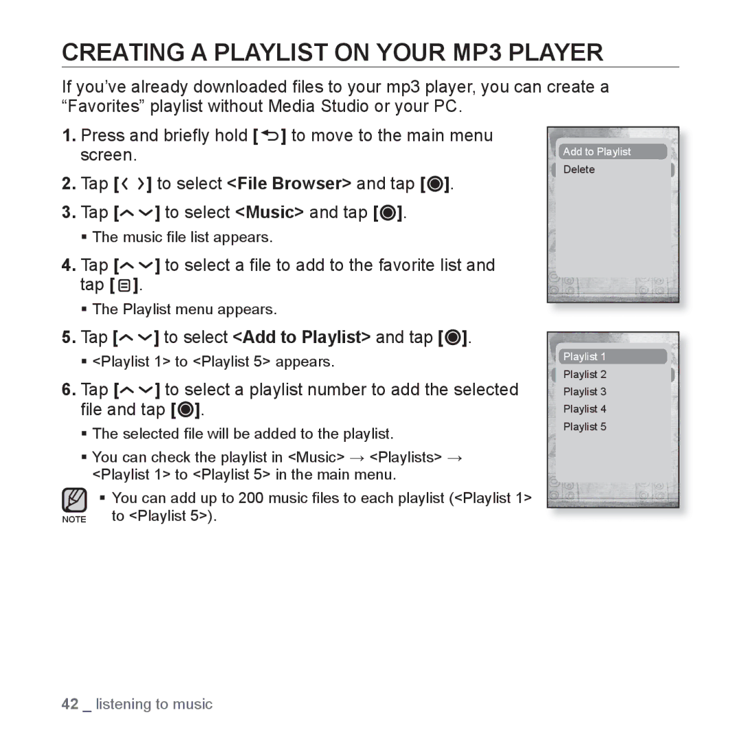 Samsung YP-T10JQBH/XEF Creating a Playlist on Your MP3 Player, Tap to select a ﬁle to add to the favorite list and tap 