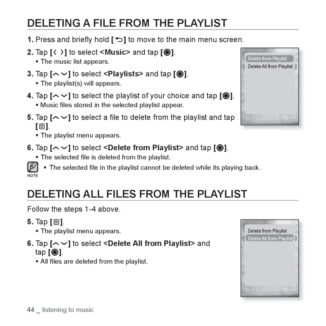 Samsung YP-T10JAB/XEF, YP-T10JCW/XEF, YP-T10JQB/XEF Deleting a File from the Playlist, Deleting ALL Files from the Playlist 