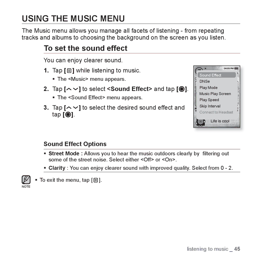 Samsung YP-T10JCB/XEF, YP-T10JCW/XEF, YP-T10JQB/XEF Using the Music Menu, To set the sound effect, Sound Effect Options 