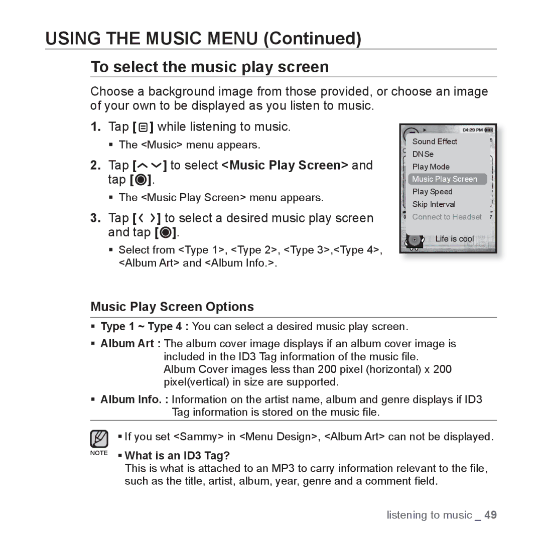 Samsung YP-T10JAB/XET To select the music play screen, Tap to select Music Play Screen and tap, Music Play Screen Options 