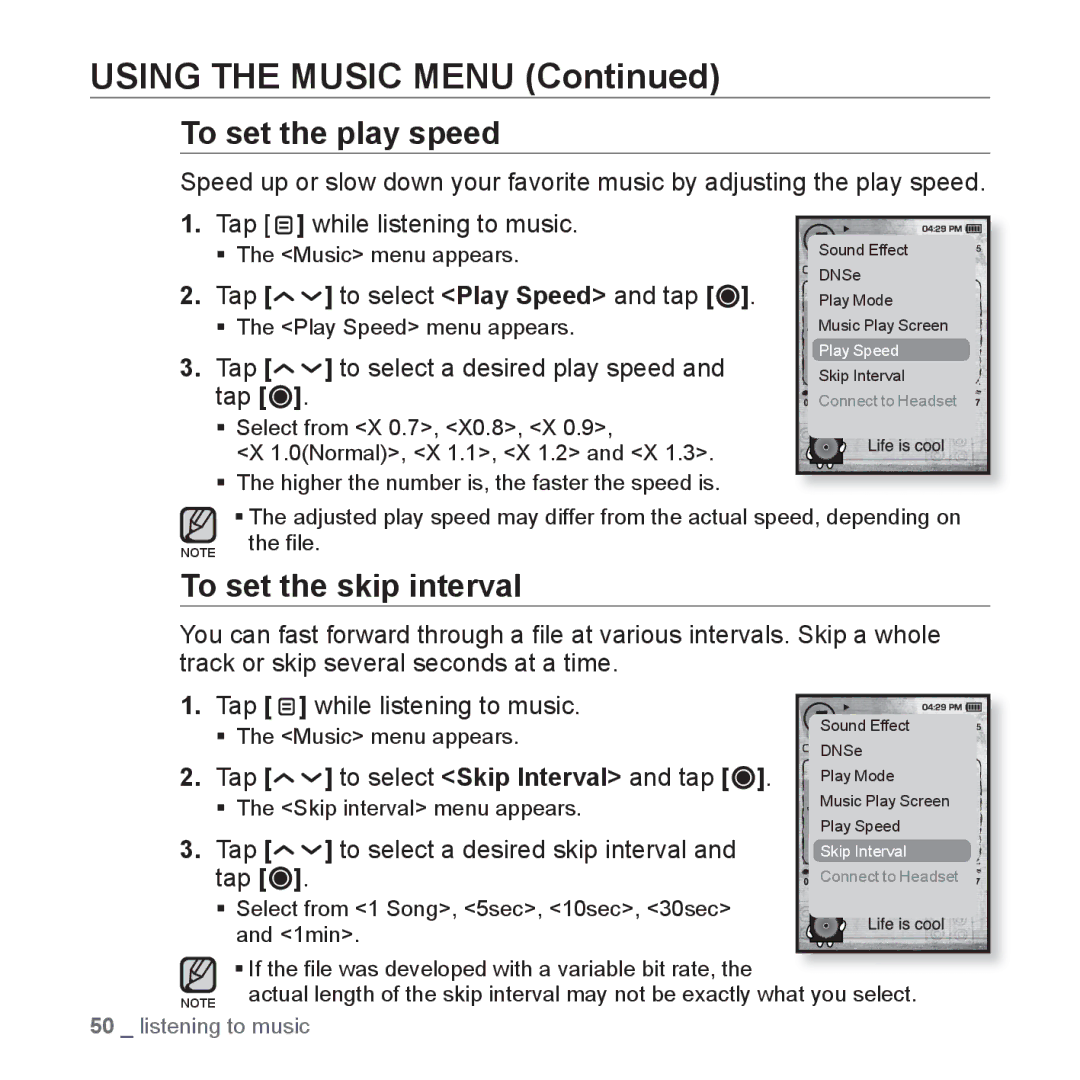 Samsung YP-T10JAW/XET, YP-T10JCW/XEF, YP-T10JQB/XEF, YP-T10JQBH/XEF manual To set the play speed, To set the skip interval 