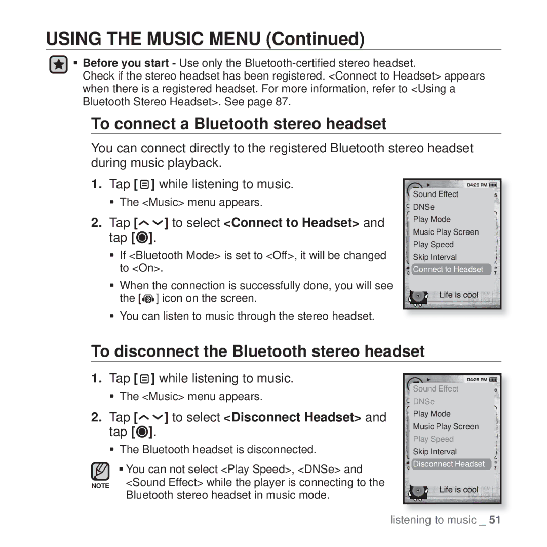 Samsung YP-T10JQR/XET, YP-T10JCW/XEF To connect a Bluetooth stereo headset, To disconnect the Bluetooth stereo headset 