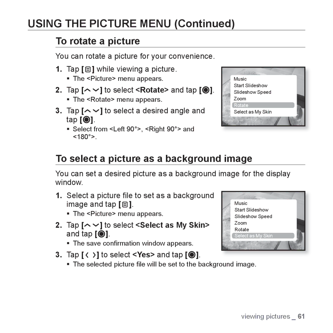 Samsung YP-T10JAR/XEO manual To rotate a picture, To select a picture as a background image, Tap to select Rotate and tap 