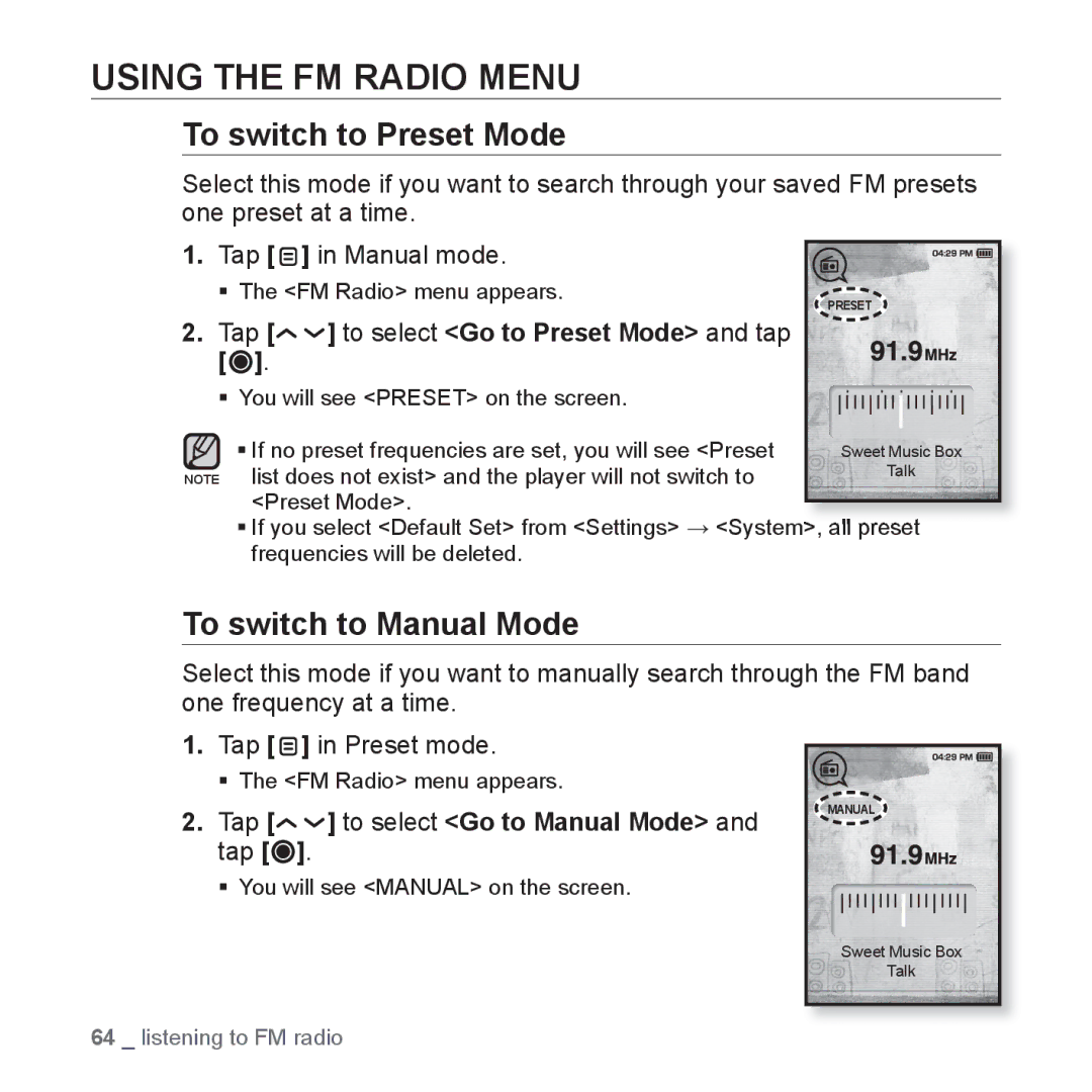 Samsung YP-T10JQB/XEO, YP-T10JCW/XEF manual Using the FM Radio Menu, To switch to Preset Mode, To switch to Manual Mode 