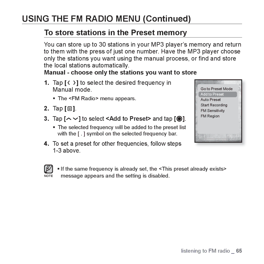 Samsung YP-T10JQR/XEO, YP-T10JCW/XEF, YP-T10JQB/XEF manual Using the FM Radio Menu, To store stations in the Preset memory 