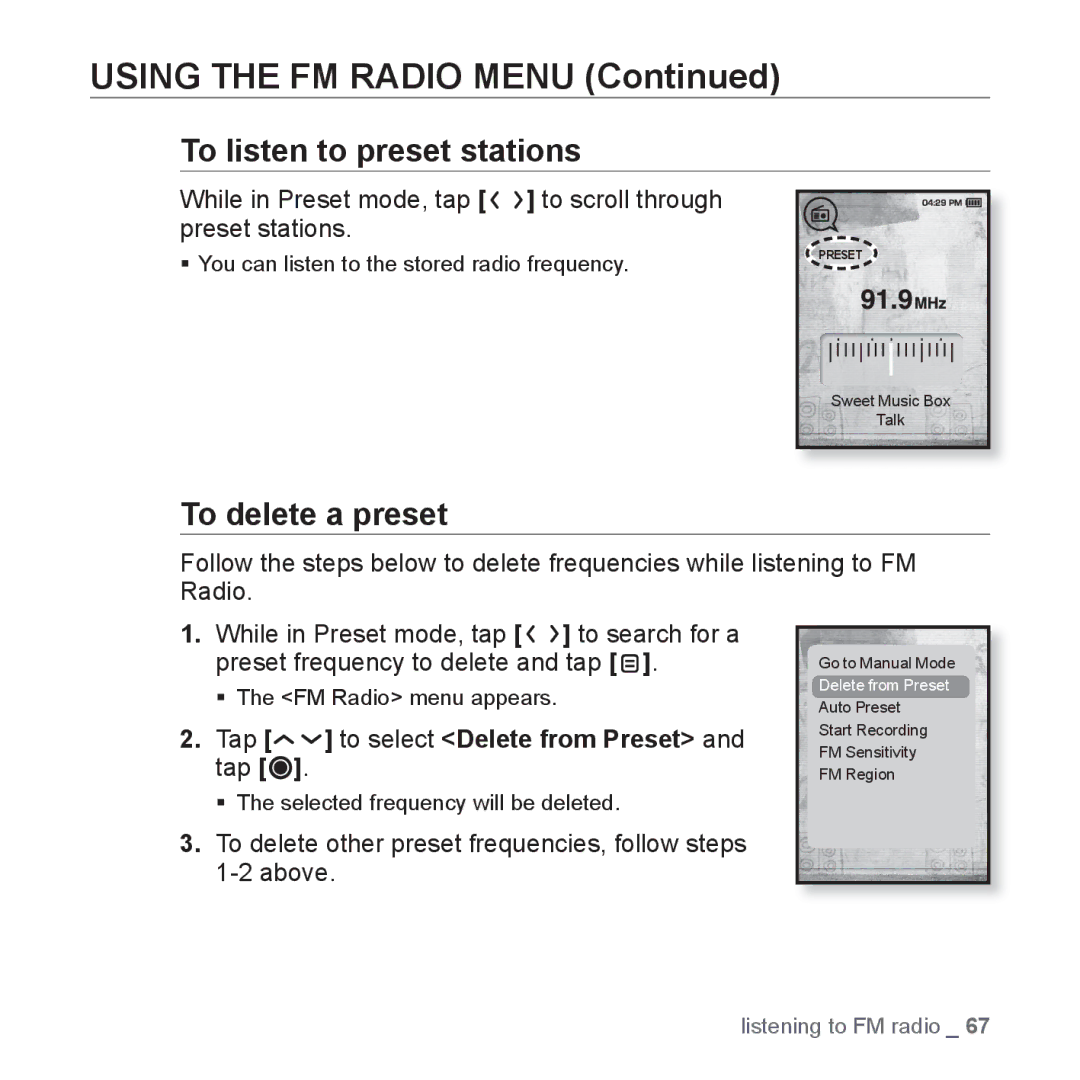 Samsung YP-T10JCW/XEO manual To listen to preset stations, To delete a preset, Tap to select Delete from Preset and tap 