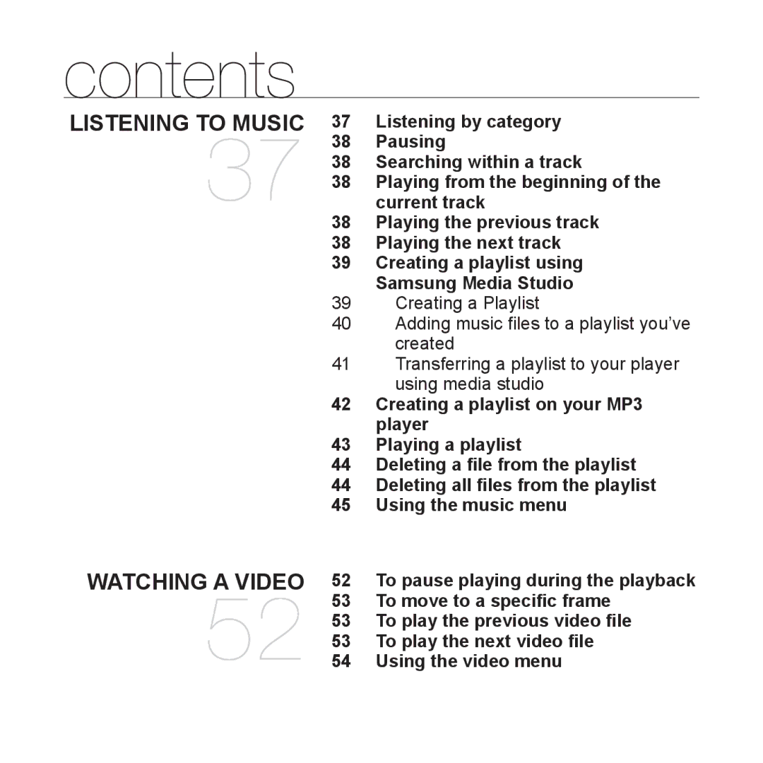 Samsung YP-T10JAG/XET, YP-T10JCW/XEF Listening by category, Pausing, Searching within a track, To move to a speciﬁc frame 