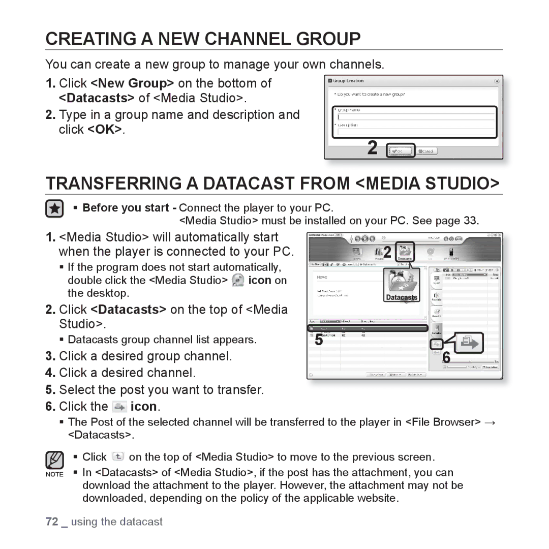 Samsung YP-T10JCB/XEE, YP-T10JCW/XEF, YP-T10JQB/XEF Creating a NEW Channel Group, Transferring a Datacast from Media Studio 