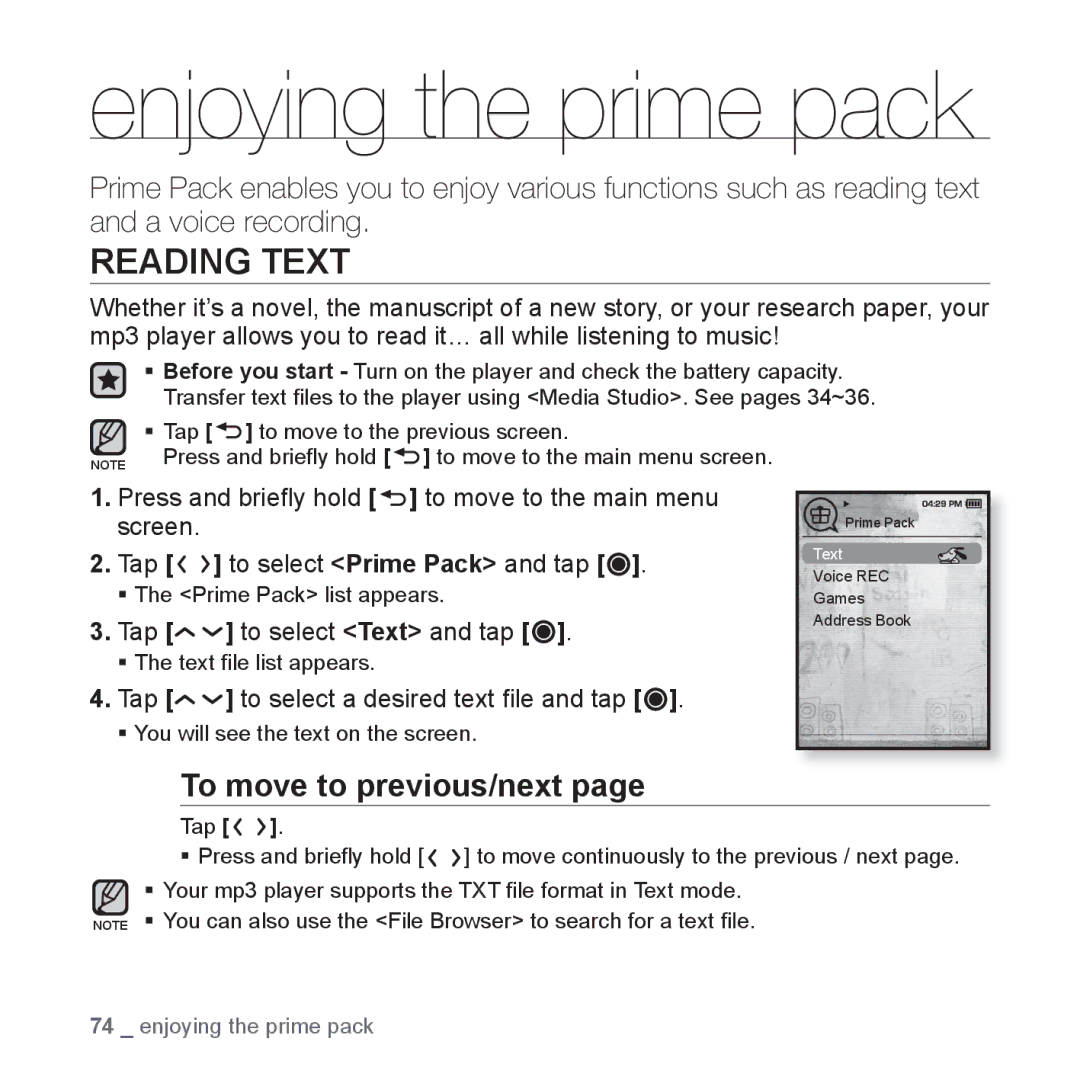 Samsung YP-T10JAG/XEE manual Enjoying the prime pack, Reading Text, To move to previous/next, Tap to select Text and tap 