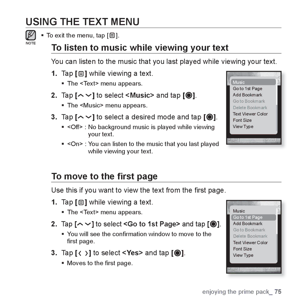 Samsung YP-T10JAR/XEE, YP-T10JCW/XEF Using the Text Menu, To listen to music while viewing your text, To move to the ﬁrst 