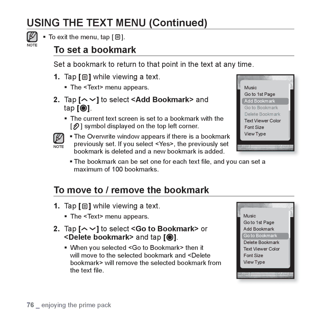 Samsung YP-T10JCW/XEE manual Using the Text Menu, To move to / remove the bookmark, Tap to select Add Bookmark and tap 