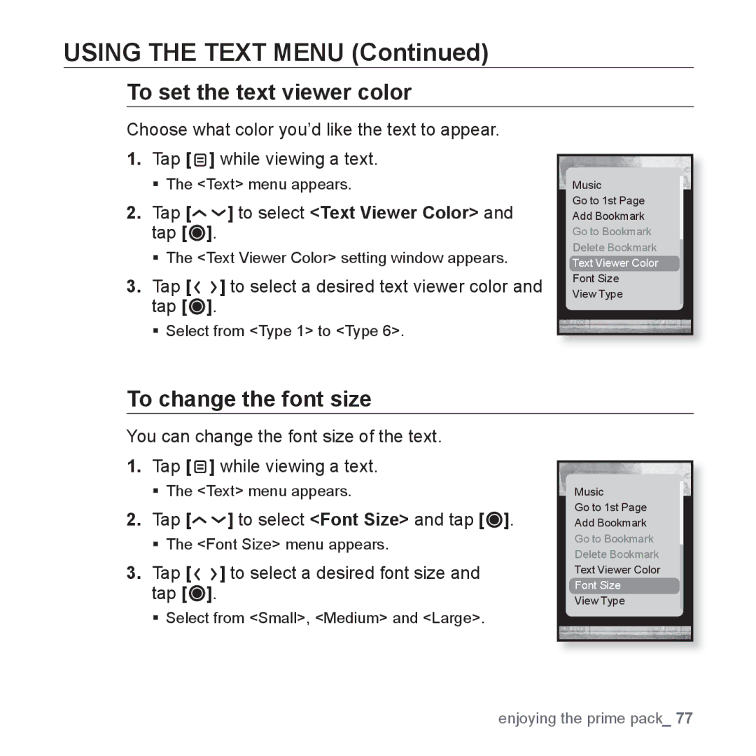 Samsung YP-T10JAB/XEE manual To set the text viewer color, To change the font size, Tap to select Text Viewer Color and tap 